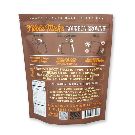 Back of a Boozy Shakes Bourbon Brownie 6 Pack pouch with instructions to make bourbon milkshakes—just add water and bourbon! Features brown packaging, white/orange text, nutrition facts, product info, and a QR code. No blender required.