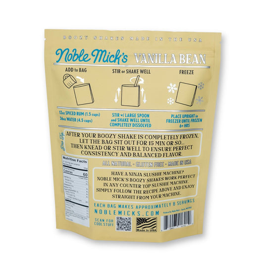 Back of a Boozy Shakes Vanilla Bean 6 Pack bag, with prep instructions (just add water + spiced rum, no blender needed), nutrition facts, product details, beige color with blue/gold text, icons, barcode, and all natural ingredients.