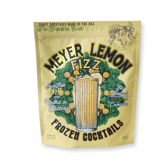 A yellow pouch labeled Frozen Meyer Lemon Fizz 6 Pack shows a glass of cocktail, lemons, and green leaves. Simply add water and prosecco for an easy-to-make, all-natural frozen cocktail.