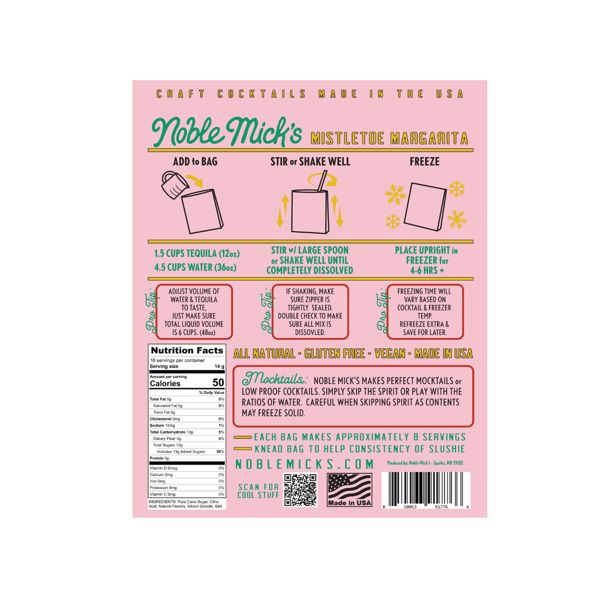 Back of a Frozen Cranberry Mistletoe Margarita drink mix packet with mixing instructions, nutrition facts, and ingredient info on a pink background with yellow snowflakes. Just add water + tequila. Vegan, gluten-free, all natural, made in the USA. Perfect for parties.