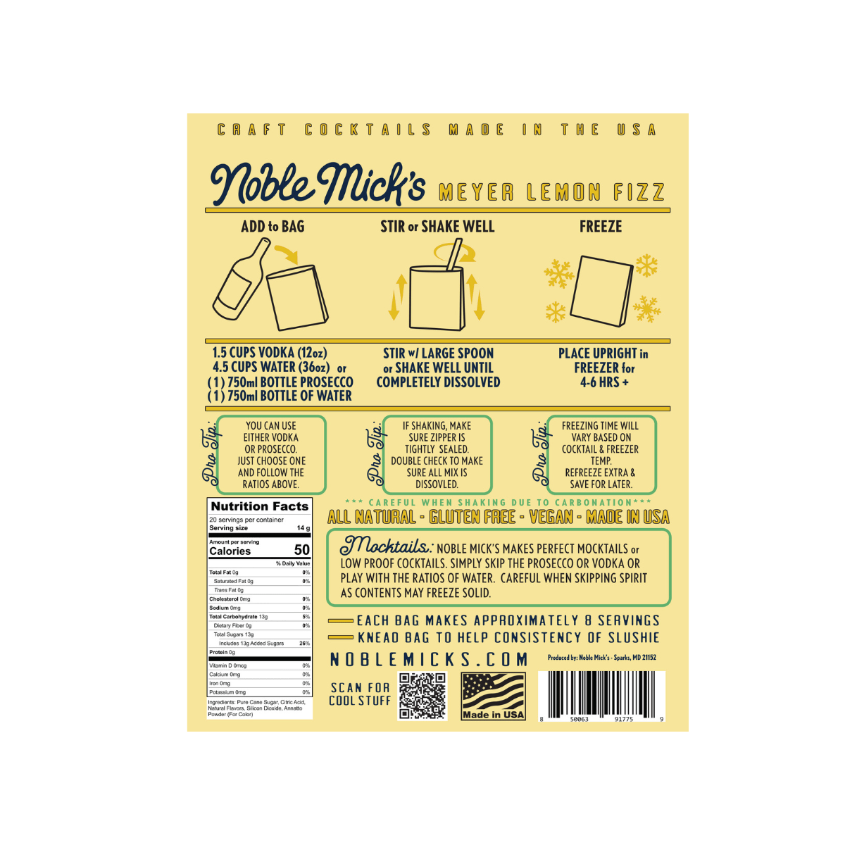 Back of a Frozen Meyer Lemon Fizz 6 Pack bag—featuring easy prep with water and prosecco, all-natural ingredients, nutrition facts, barcode, and lemon graphics on a yellow background—ideal for frozen cocktails.